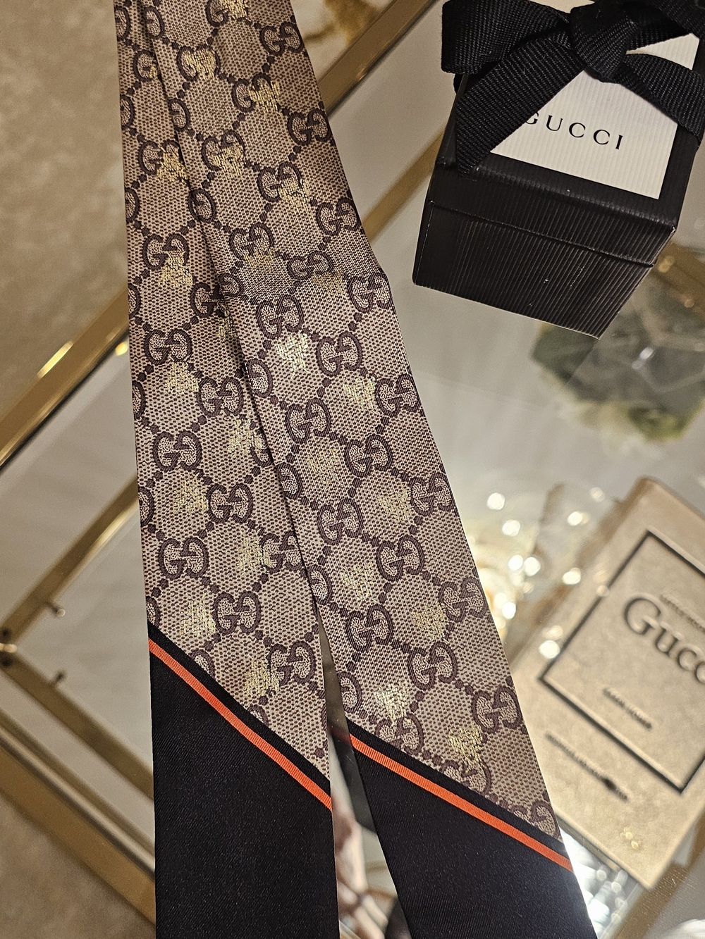 Gucci GG Bees Silk Neck Bow Scarf Brown Black Gold 499226 w/ Box